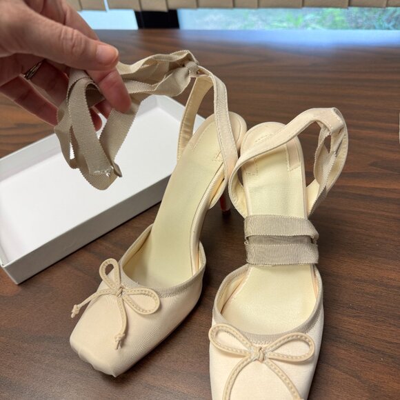 Satin Cream Lace-Up Heels red bottoms - Picture 2 of 6